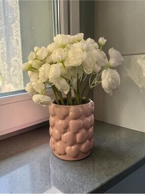 Pink 12 inch tall Ceramic Bubble Vase with White Faux Flowers - New
